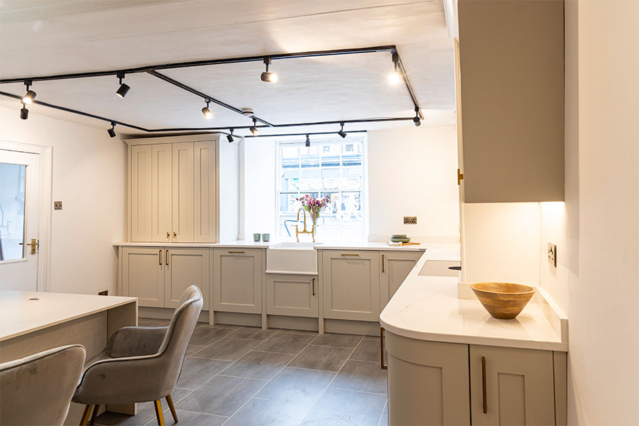 White marble effect Silestone kitchen worktops on display at the Sussex Stoneworks showroom in Midhurst West Sussex