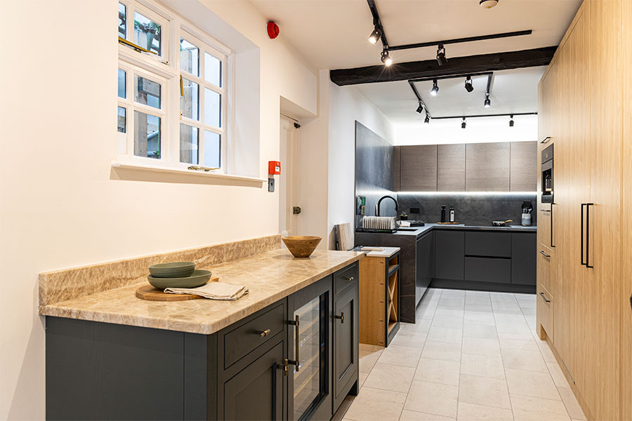 A variety of modern and traditional style kitchens with natural stone and composite stone worktops on display at Sussex Stoneworks in Midhurst West Sussex