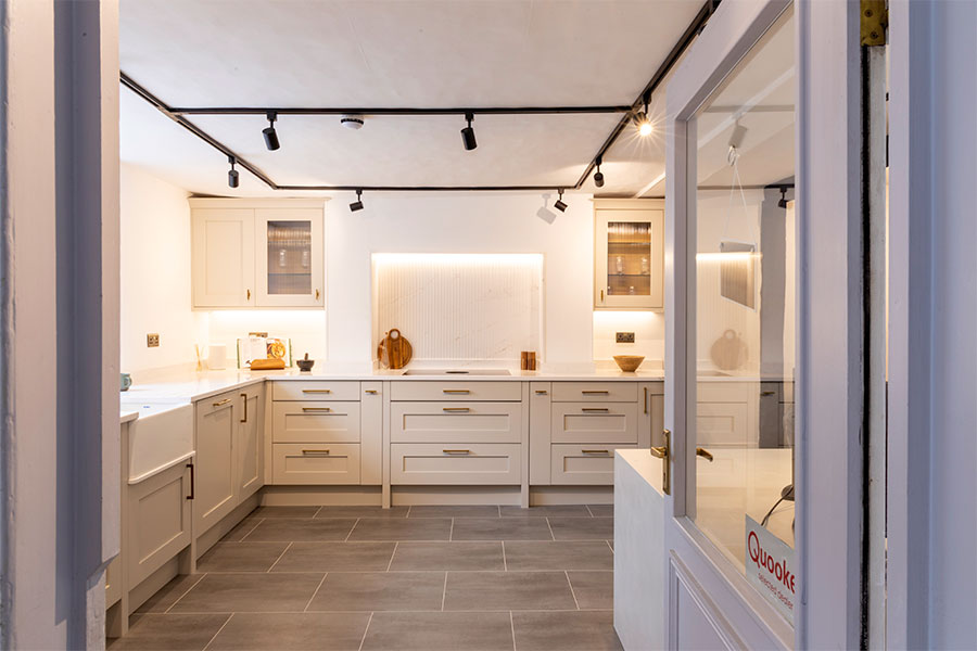 Looking through the front door of the Sussex Stoneworks kitchen and stone worktops showroom in Midhurst West Sussex