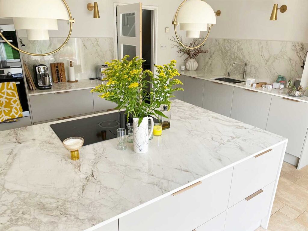 White marble effect Dekton Bergen ceramic kitchen island worktops